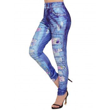 

Flower Butterfly Patchwork Faux Denim 3D Print Jeggings High Waist Skinny Long Leggings, Blue
