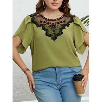 

Plus Size Blouse Two Tone Color Lace Panel Tied Back Tulip Sleeve Blouse, Light green