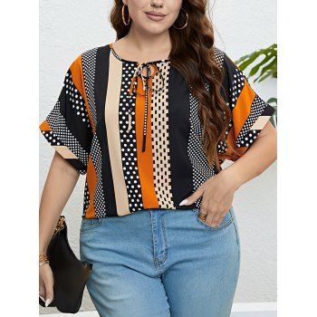 

Plus Size Blouse Tied Front Colorblock Polka Dot Geometric Print Casual Blouse, Black