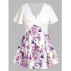 Ensemble Deux Pièces de Mini Robe Caraco Croisée à Imprimé Feuille Fleur et Papillon de Grande Taille - Violet clair 5X