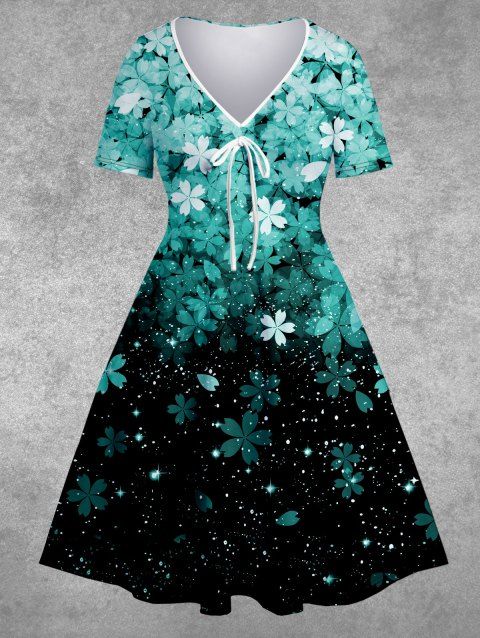 Plus Size & Curve Dress Flower Print Ombre Tied Front V Neck A Line Midi Dress