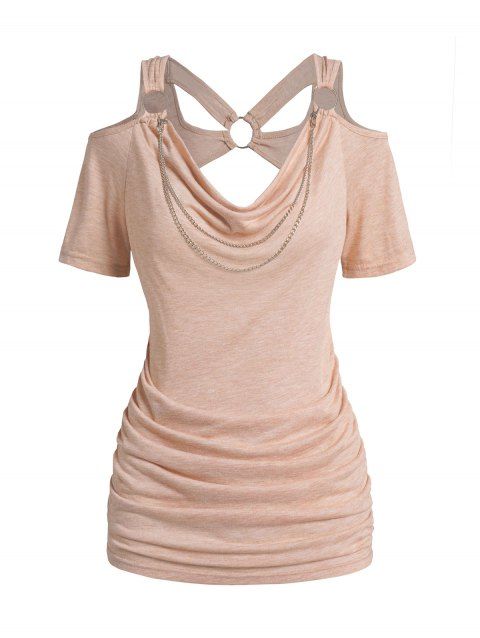 Cowl Neck T Shirt Draped Cold Shoulder Ruched Chain Embellishment Cut Out Heather Tee