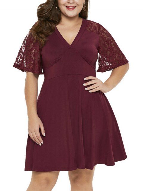 Robe Mi-longue Simple à Taille Empire à Manches en Dentelle à Col V Grande Taille