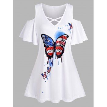 

Butterfly Star Striped Print T Shirt Crisscross Cold Shoulder V Neck Patriotic Tee, White