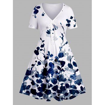 

Plus Size & Curve Dress Leaf Flower Print Tied V Neck A Line Midi Dress, Deep blue