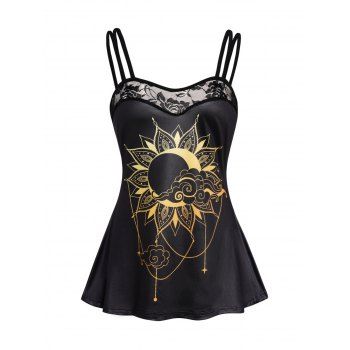

Sun Moon Flower Print Tank Top Sheer Lace Panel Dual Straps Tank Top, Black