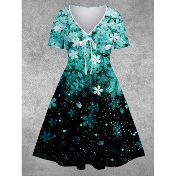 

Plus Size & Curve Dress Flower Print Ombre Tied Front V Neck A Line Midi Dress, Green