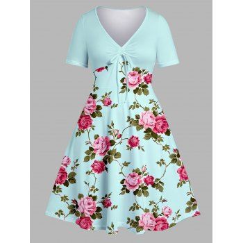 

Plus Size & Curve Dress Leaf Rose Print V Neck Tied A Line Midi Dress, Light green