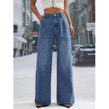 

High Waist Zip Fly Wide Leg Jeans Long Stitching Multi Pockets Loose Denim Pants, Blue