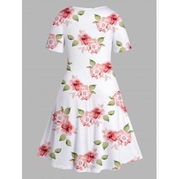 Plus Size & Curve Dress Flower Leaf Print V Neck Tied Fresh Style A Line Midi Dress
