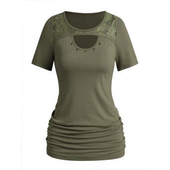 

Plain Color T Shirt Hollow Out Lace Panel Rivet Peekaboo Cut Ruched Tee, Green