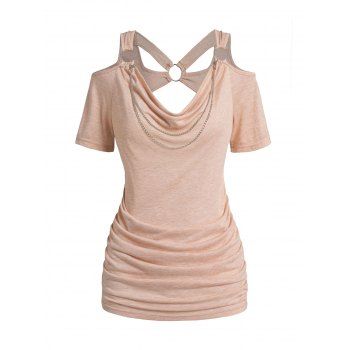 

Cowl Neck T Shirt Draped Cold Shoulder Ruched Chain Embellishment Cut Out Heather Tee, Light coffee