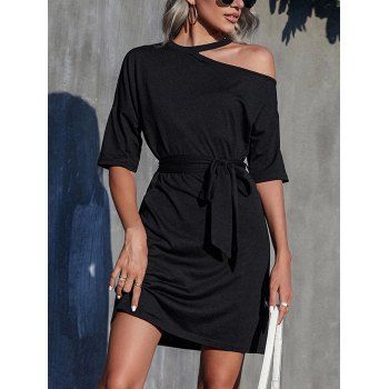 

Skew Collar Cold Shoulder Mini Tee Dress Solid Color Drop Shoulder Belted Casual Dress, Black