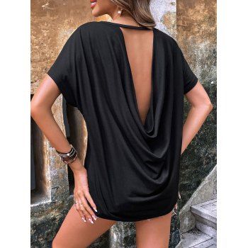 

Low Cut Draped Back T-shirt Solid Color Batwing Sleeve Casual Tee, Black