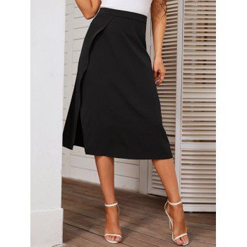 

High Slit A Line Midi Skirt Solid Color Zip Fly High Waist Casual Skirt, Black