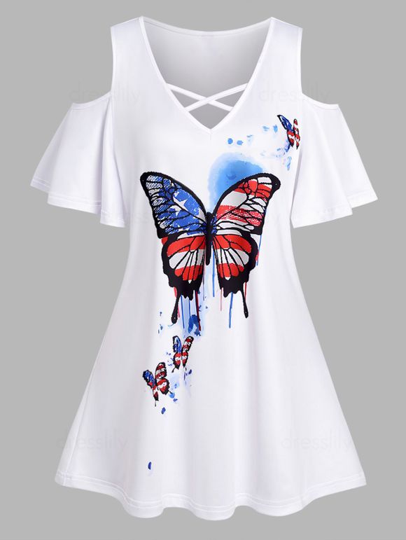 T-shirt Patriotique Rayé Croisé à Imprimé Etoile Papillon à Epaule Dénudée - Blanc XXL