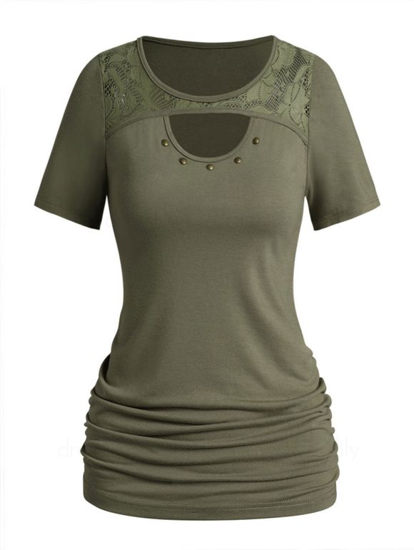 T-shirt Simple Evidé Ruché Peekaboo Panneau en Dentelle en Couleur Unie avec Rivet - Vert XXL