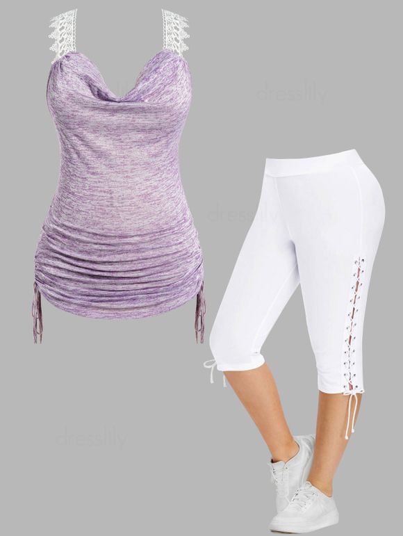 Plus Size Lace Shoulder Heathered Cinched Ruched Tank Top And Lace Up Eyelet Capri Leggings Casual Outfit - multicolor A L