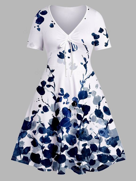 Plus Size & Curve Dress Leaf Flower Print Tied V Neck A Line Midi Dress - DEEP BLUE L