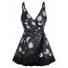 Plus Size Sun Moon Star Celestial Print Ruffle Asymmetrical Tank Top And Lace Up Eyelet Capri Leggings Casual Outfit - multicolor A L