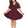 Plus Size Dress Lace Sleeve Empire Waist Plain Color V Neck A Line Midi Dress - DEEP RED XXL