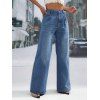 High Waist Zip Fly Wide Leg Jeans Long Stitching Multi Pockets Loose Denim Pants - BLUE XL