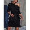 Skew Collar Cold Shoulder Mini Tee Dress Solid Color Drop Shoulder Belted Casual Dress - BLACK M