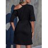 Skew Collar Cold Shoulder Mini Tee Dress Solid Color Drop Shoulder Belted Casual Dress - BLACK M