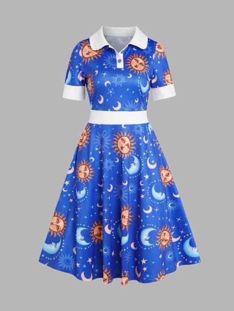 Celestial Sun Moon Star Allover Print Vintage Dress Colorblock Turndown Button Short Sleeve Midi Dress
