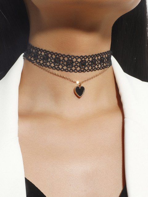 Gothic Lace Choker Hollow Out Heart Pendant Layered Necklace