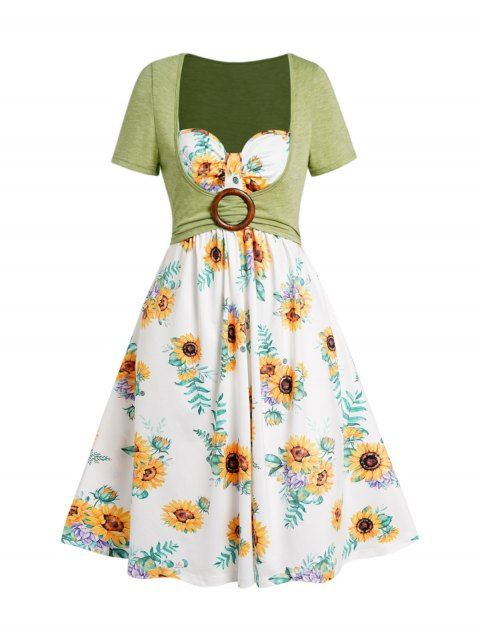 Sunflower Print Faux Twinset Mini Dress Short Sleeve Sweetheart Neck Colorblock Dress