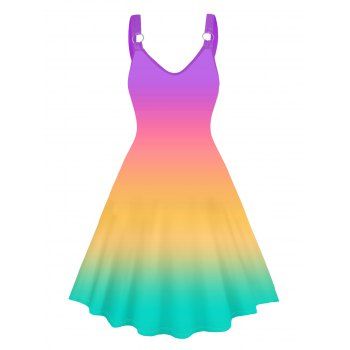 

Rainbow Color Ombre Dress O-ring Strap V Neck Sleeveless High Waisted A Line Dress, Multicolor a
