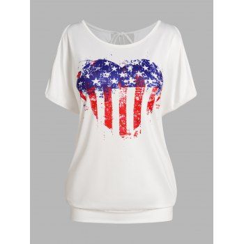 

American Flag Heart Print T-shirt Back Tie Split Short Sleeve Casual Tee, White