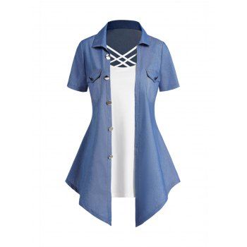 

Colorblock Two Piece Top Lattice Strap Plain Tank Top And Front Pocket Button T Shirt Set, Blue