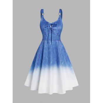 

Ombre Faux Denim 3D Print Mini Dress Lace Up O Ring Casual Dress, Deep blue