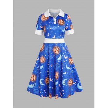 

Celestial Sun Moon Star Allover Print Vintage Dress Colorblock Turndown Button Short Sleeve Midi Dress, Blue