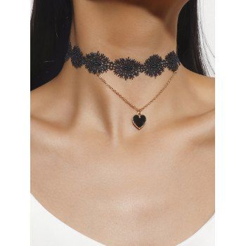 

Heart Pendant Hollow Out Lace Gothic Layered Choker, Black