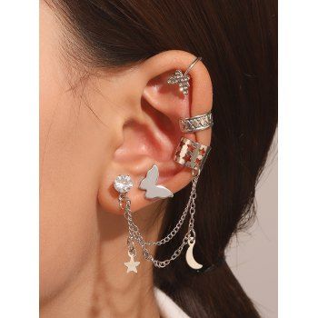 

4Pcs Rhinestone Butterfly Star Moon Alloy Earrings Set, Silver