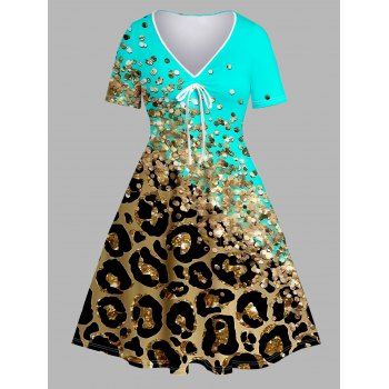 

Plus Size & Curve Dress Leopard Print Colorblock V Neck Tied A Line Midi Dress, Green