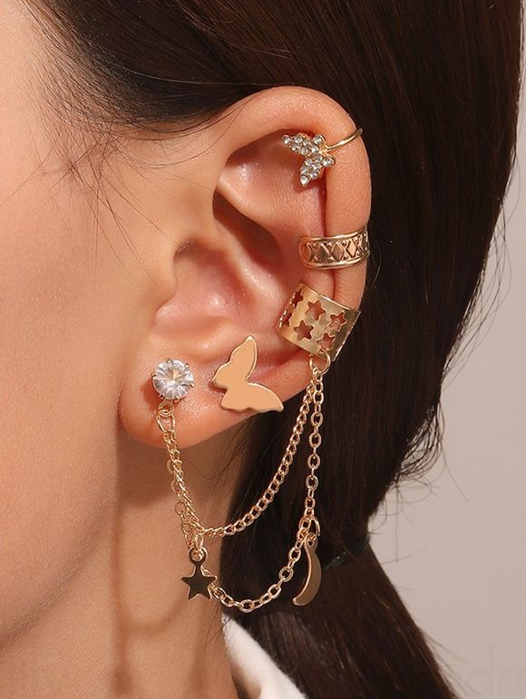4 Pièces Ensemble de Boucles D'Oreilles Etoile Lune Papillon Strass en Alliage - d'or 
