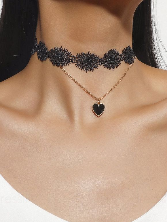 Collier Ras-de-Cou en Dentelle à Plusieurs Branches Motif Cœur Style Gothique - Noir 