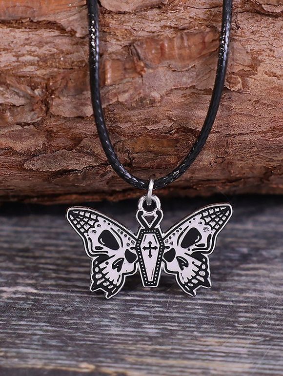 Collier en Simili Cuir avec Pendentif Papillon Croix en Métal Style Gothique - Argent 