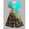 Robe Mi-Longue Linge A à Imprimé Léopard en Blocs de Couleurs  à Col V Grande Taille - Vert 1X