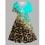 Robe Mi-Longue Linge A à Imprimé Léopard en Blocs de Couleurs  à Col V Grande Taille - Vert 1X