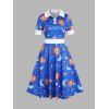 Celestial Sun Moon Star Allover Print Vintage Dress Colorblock Turndown Button Short Sleeve Midi Dress - BLUE L