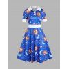 Robe Mi-Longue Vintage Etoile Lune Soleil Céleste en Blocs de Couleurs Boutonnée Manches Courtes - Bleu XXL