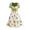 Sunflower Print Faux Twinset Mini Dress Short Sleeve Sweetheart Neck Colorblock Dress