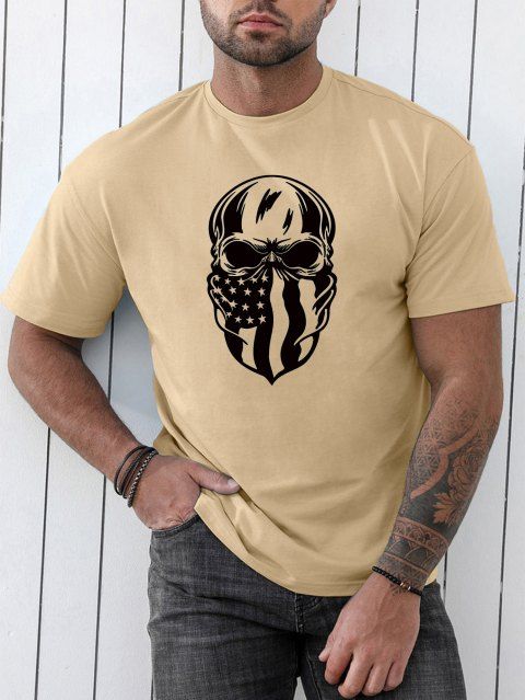 T-shirt Décontracté Patriotique à Imprimé Etoile Crâne Manches Courtes à Col Rond