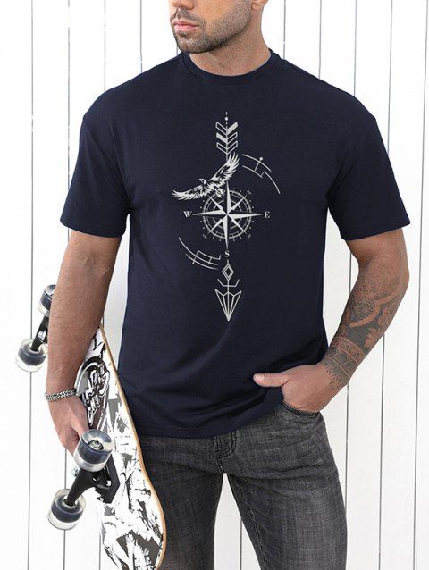 Compass Arrow Bird Print T-shirt Round Neck Short Sleeve Casual Tee