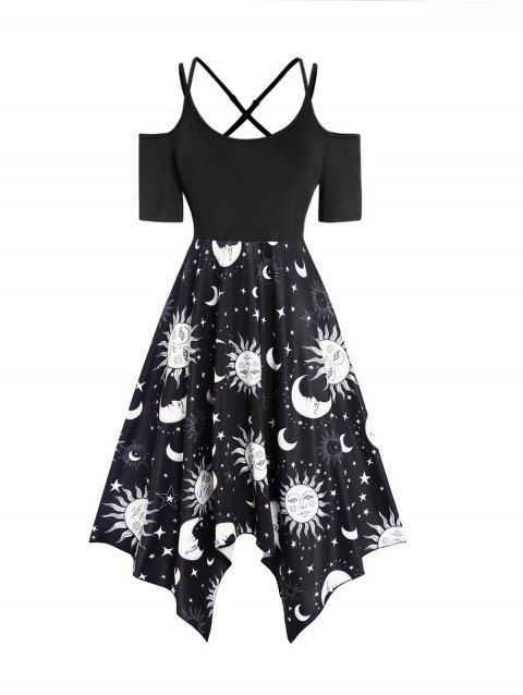 Celestial Sun Moon Star Print Asymmetric Dress Cold Shoulder Crisscross Adjustable Straps Midi Dress